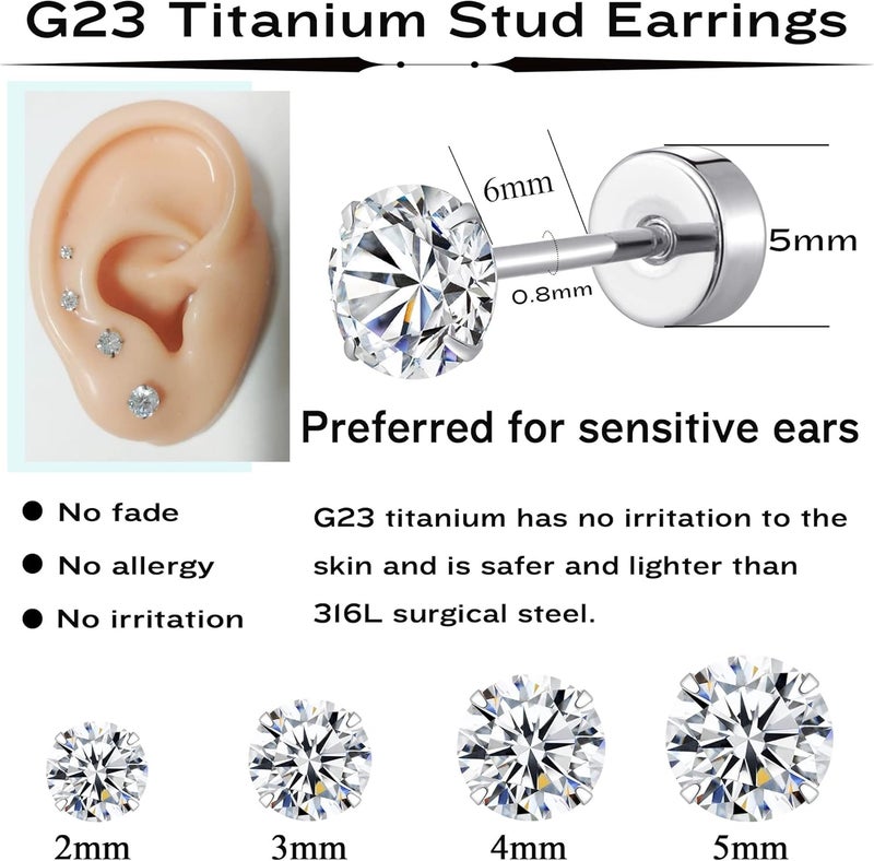 MJust Titanium Earrings Set for Sensitive Ears 20 Gauge Pure Titanium Cartilage Earring Ball Cubic Zirconia G23 Hypoallergenic Flat Back Earrings Studs - Image 3